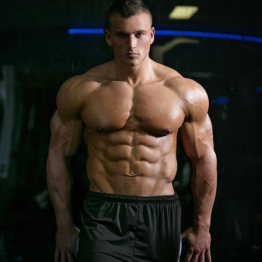 Front view of a bodybuilders upper body with arms down