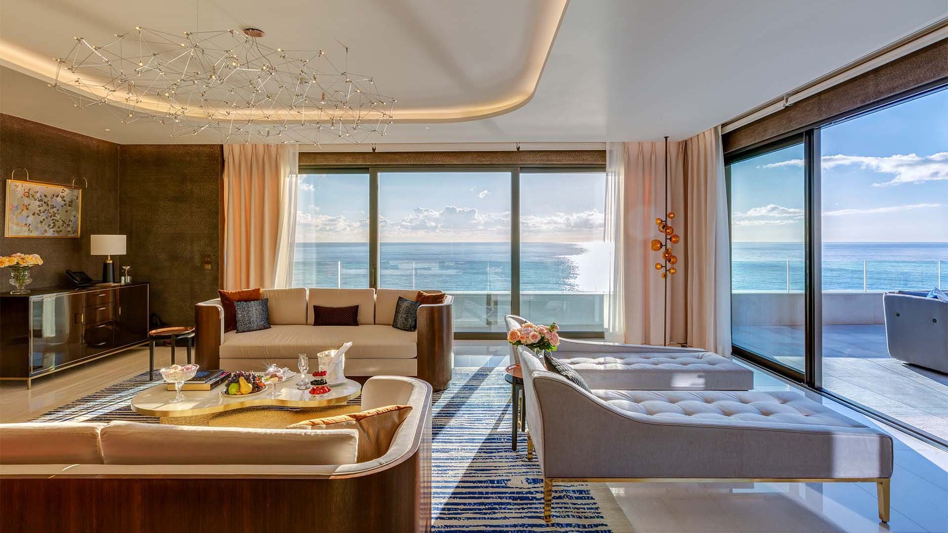 Joint shared living area in hotel room.